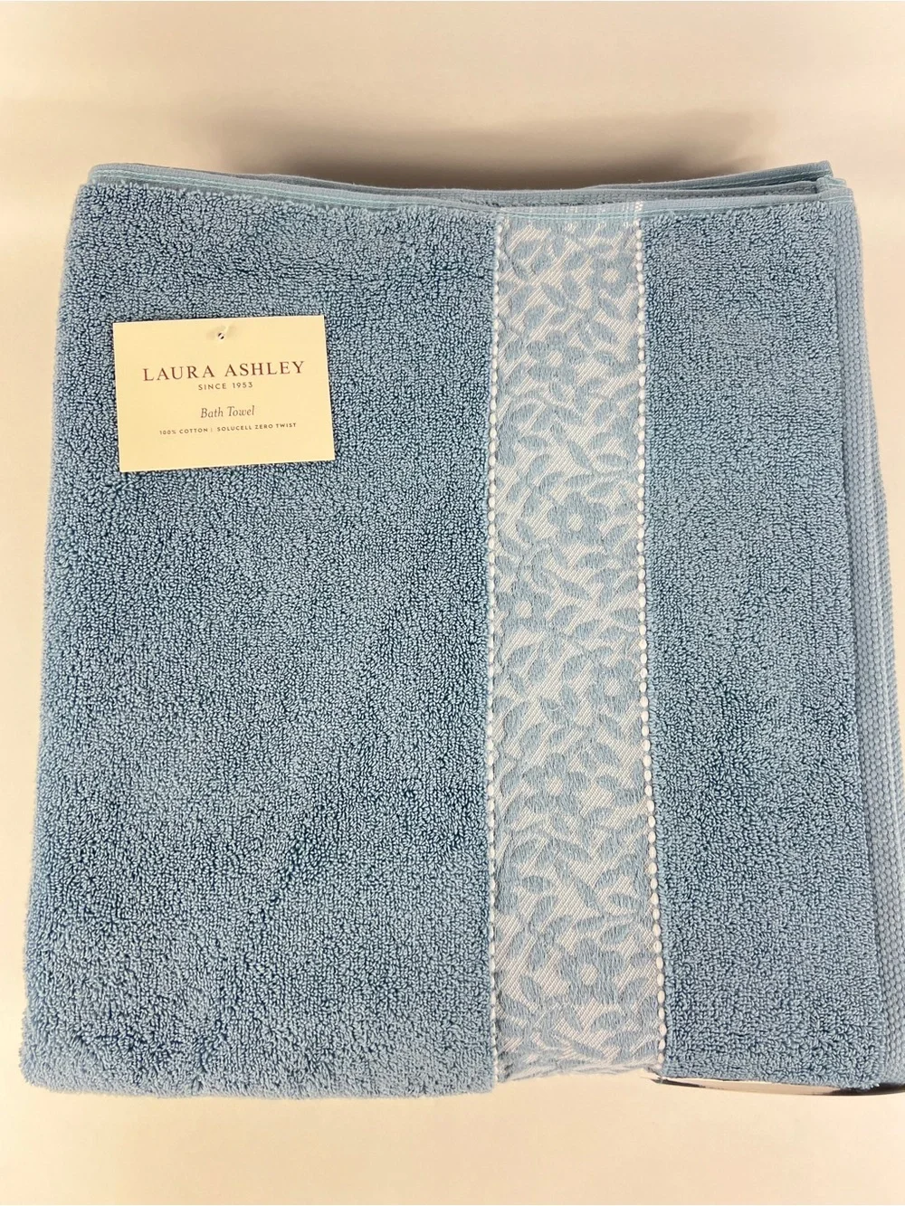 Laura Ashley Bath Towel Set MILLIE Blue with Leaf Trim 100% Cotton 2 Pc NEW